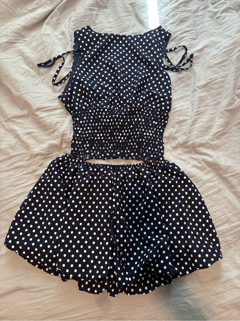 & Other Stories Navy and White Polka Dot Smocked Skort Set